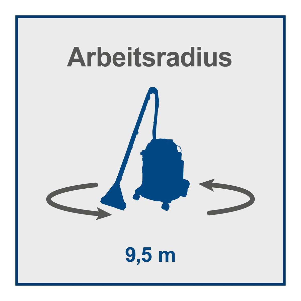 Der Scheppach SprayVac20 hat einen Arbeitsradius von 9,5 Metern. Der Arbeitsradius ist die Länge des Stromkabels.