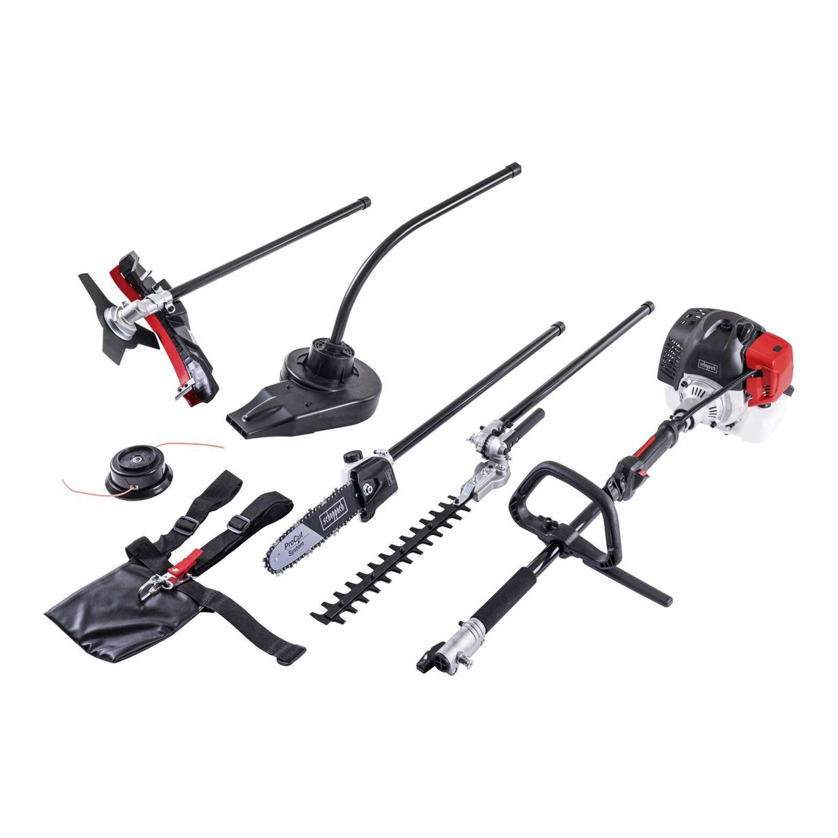 Das Benzin Multigartengerät MTC42-5P von Scheppach bietet 5in1-Funktionen: Heckenschere, Grasschneider, Trennschleifer, Polierscheibe und Seilzugstarter. Ideal für Gartenarbeit und Heimwerken.