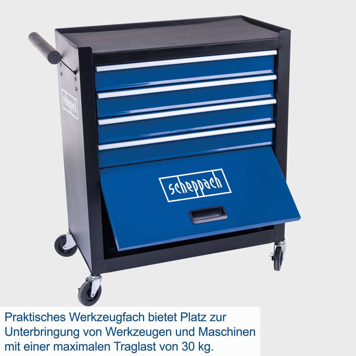 Werkzeugschrank von Scheppach mit fünf Schubladen für Werkzeuge und Maschinen, rollbar mit 30 kg Traglast