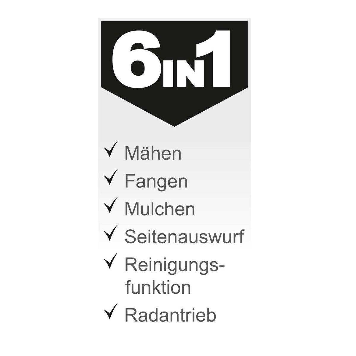 Der Benzin-Rasenmäher LM161-46S Scheppach bietet folgende Funktionen: Mähen, Fangen, Mulchen, Seitenauswurf, Reinigungsfunktion und Radantrieb.