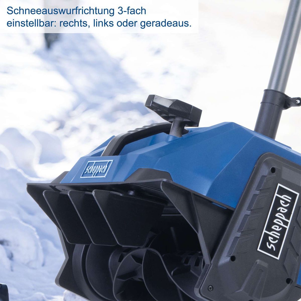 Die Scheppach Akku-Schneefräse BC-SNB410-X bietet eine 3-fach einstellbare Schneeauswurfrichtung: rechts, links oder geradeaus.
