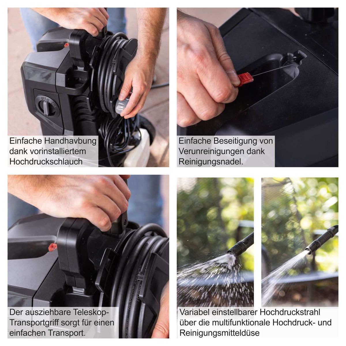 Wichtige Merkmale des Hochdruckreinigers: Einfache Handhabung mit vorinstalliertem Hochdruckschlauch, Reinigungsnadel für Verunreinigungen, teleskopierbarer Transportgriff für einfachen Transport und variabler Hochdruckstrahl für multifunktionale Düse.