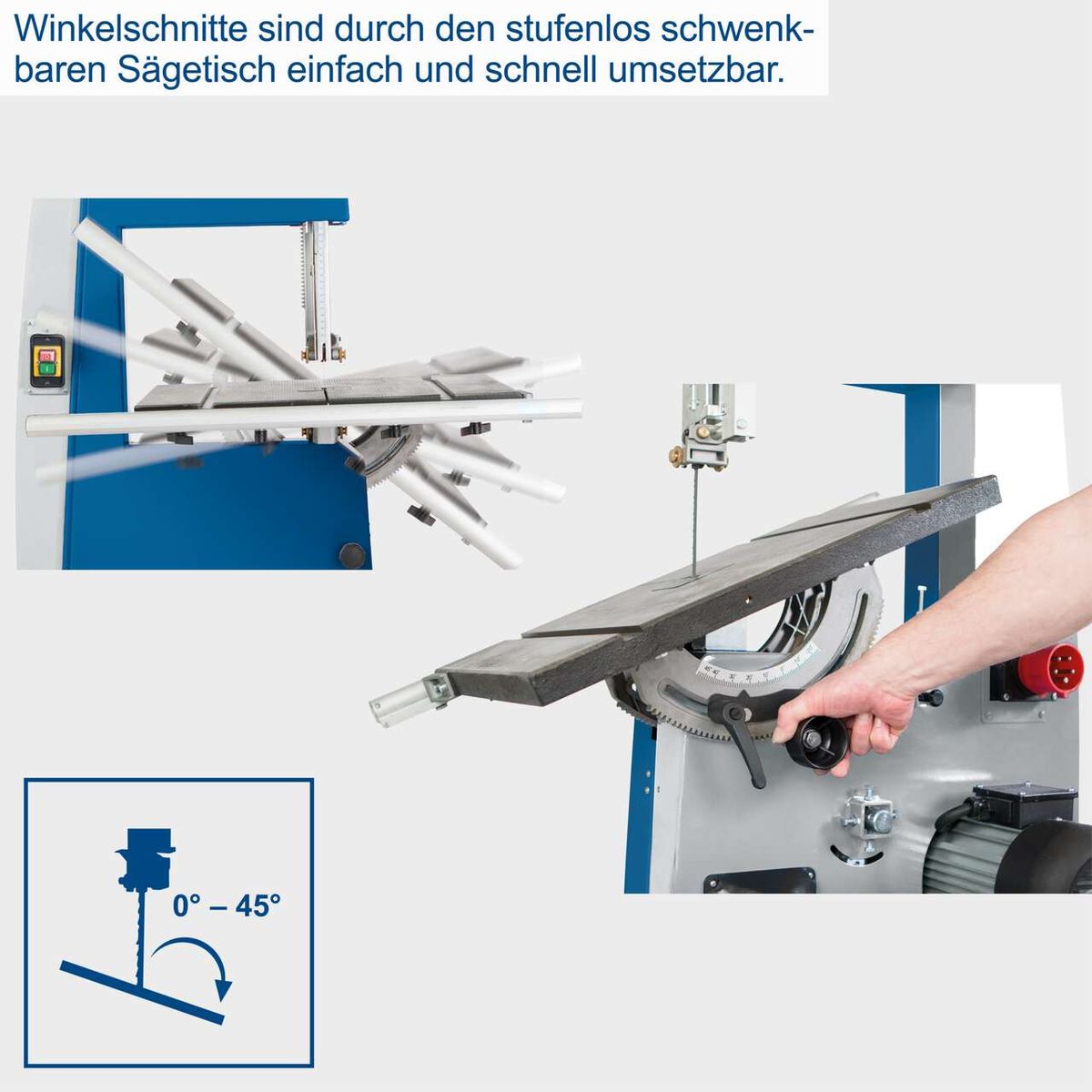 Die Bandsäge BASA 4 von Scheppach ermöglicht Winkelschnitte durch den stufenlos schwenkbaren Sägetisch. Der Tisch lässt sich von 0° bis 45° einstellen.