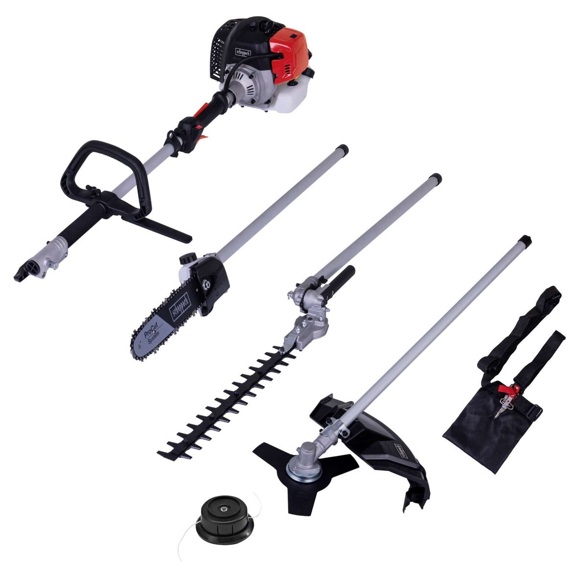 Multitool-Set mit Motor, Hacke, Heckenschere, Rasenmäherkopf und Staubsaugerkopf für Scheppach MT33P