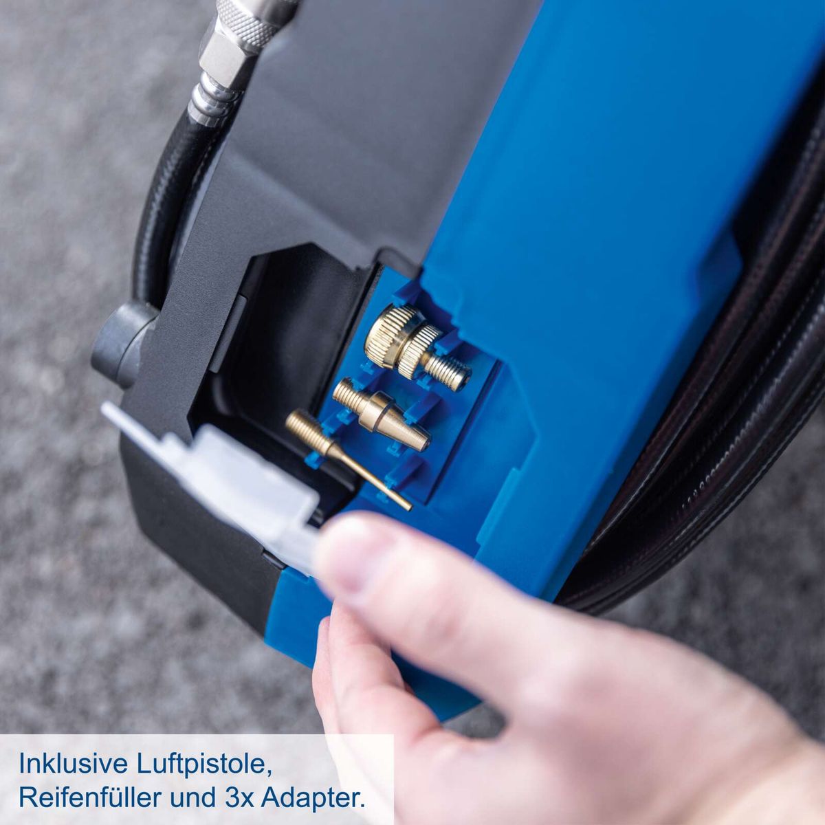 Luftpistole mit integriertem Reifenfüller und drei Adapteren für Kompressor