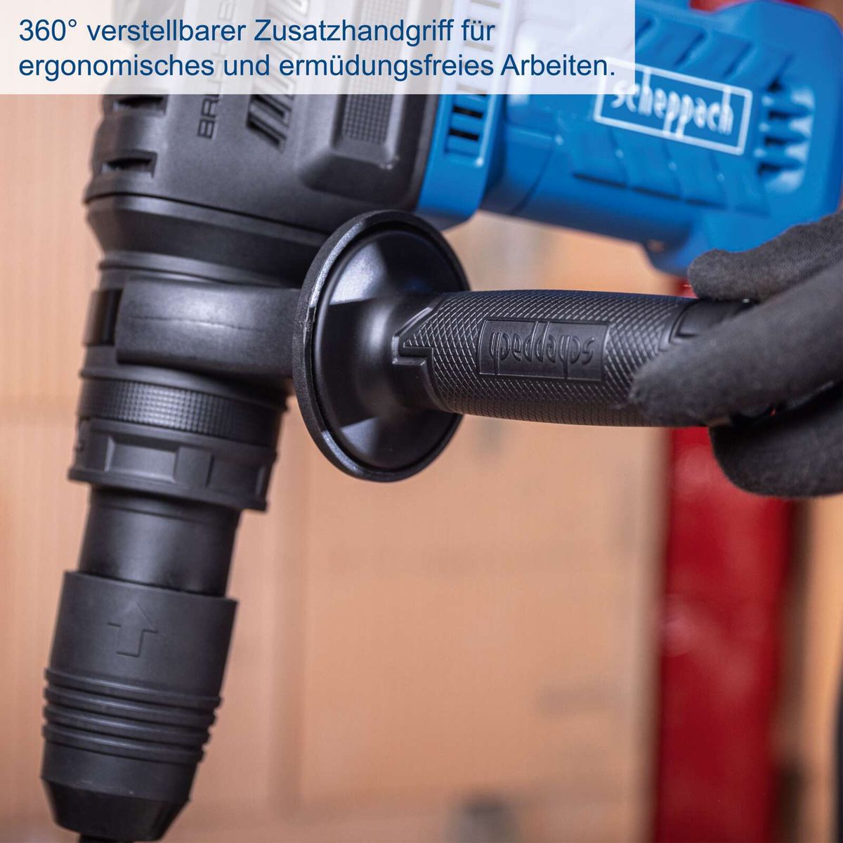 360° verstellbarer Ergonomie-Handgriff für entlastetes Arbeiten mit Scheppach-Akku-Bruchhammer