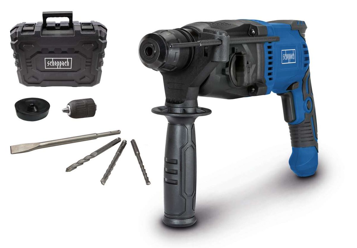 Bohrhammer und Schlaghammer HD-800P von Scheppach, inklusive Koffer und Zubehörset. Gezeigt von der Seite.