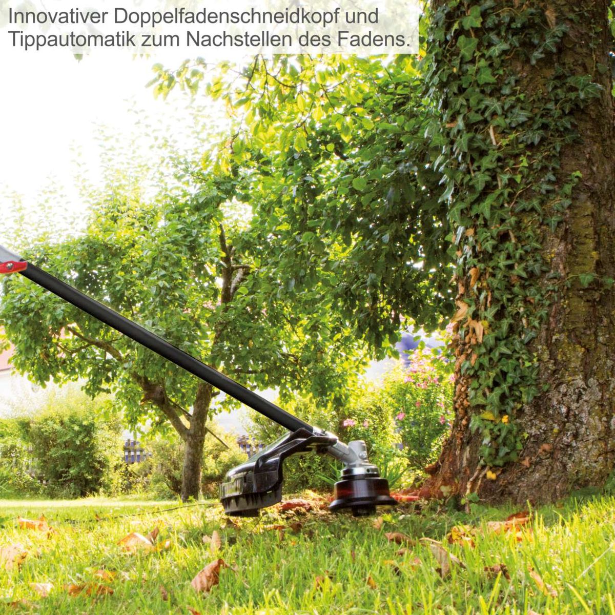 Innovativer Doppelfadenschneidkopf und Tippautomatik zum Nachstellen des Fadens.