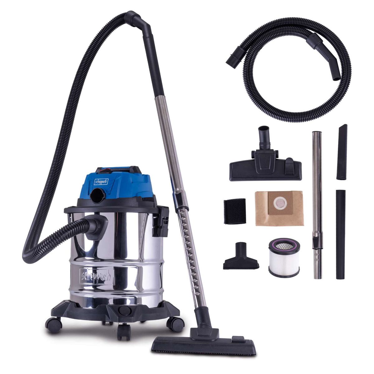Scheppach Akku-Nass-/Trockensauger mit Komplettset: Motor, Behälter, Schläuche, Filter und Beutel