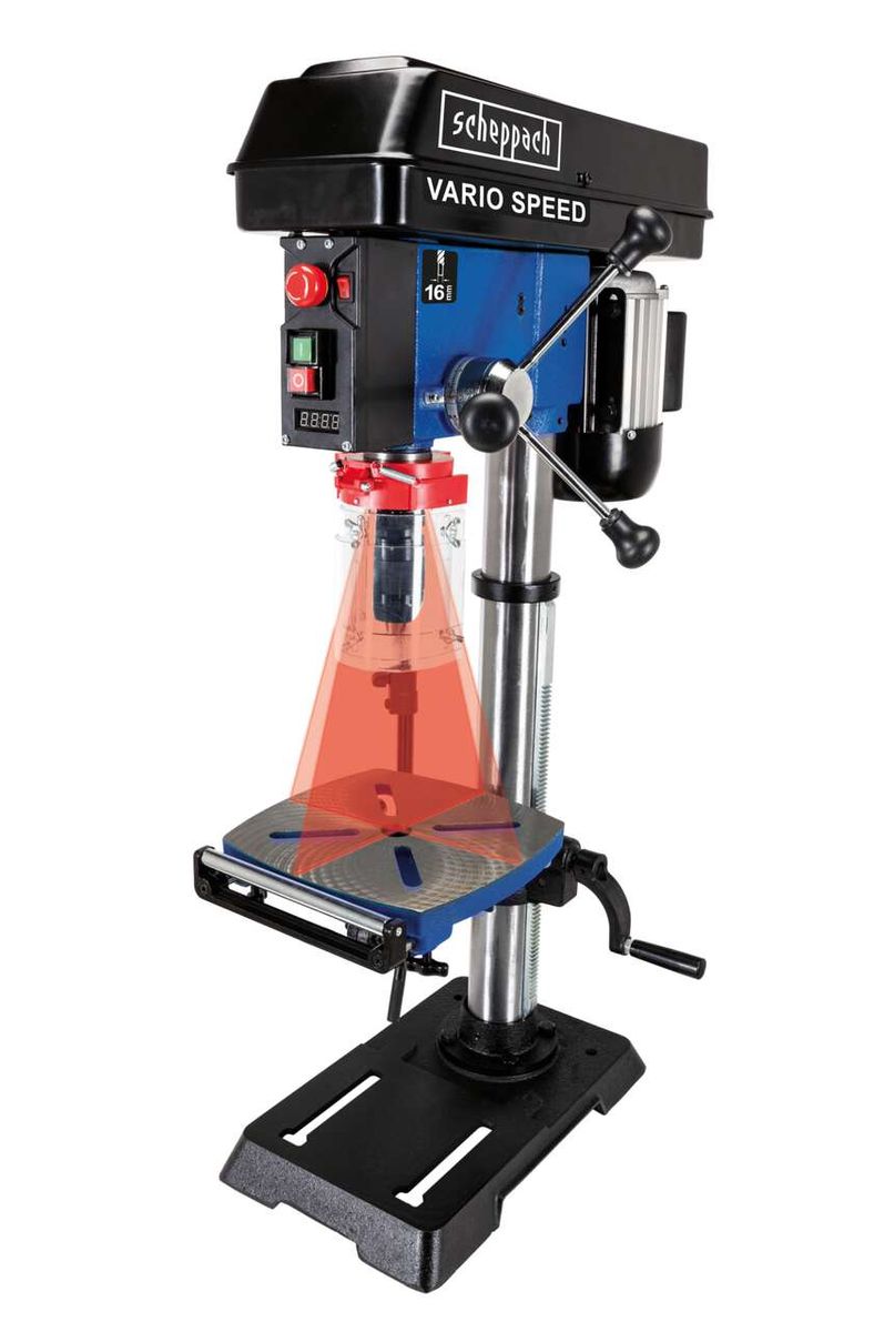 Tischbohrmaschine DP18 Vario Scheppach, 550W, Bohrfutter 16mm, Vario-Drehzahl, mit Laser und LED. Die Maschine wird von vorne gezeigt.