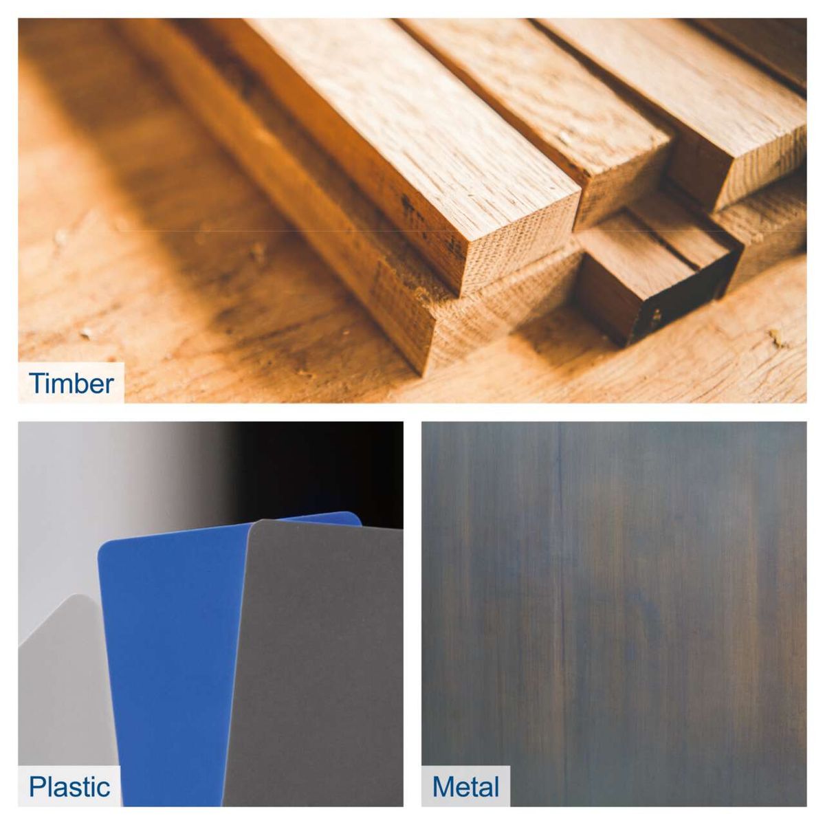 The image shows the different materials that can be processed with the Combi Grinder & Belt Sander BGS700: timber, metal, and plastic.