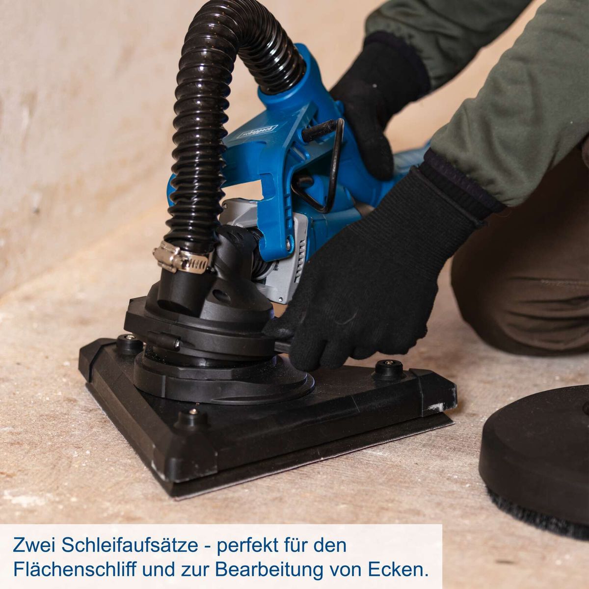 Zwei Schleifaufsätze für Flächen- und Eckenbearbeitung auf Wand- und Deckenschleifer DS930