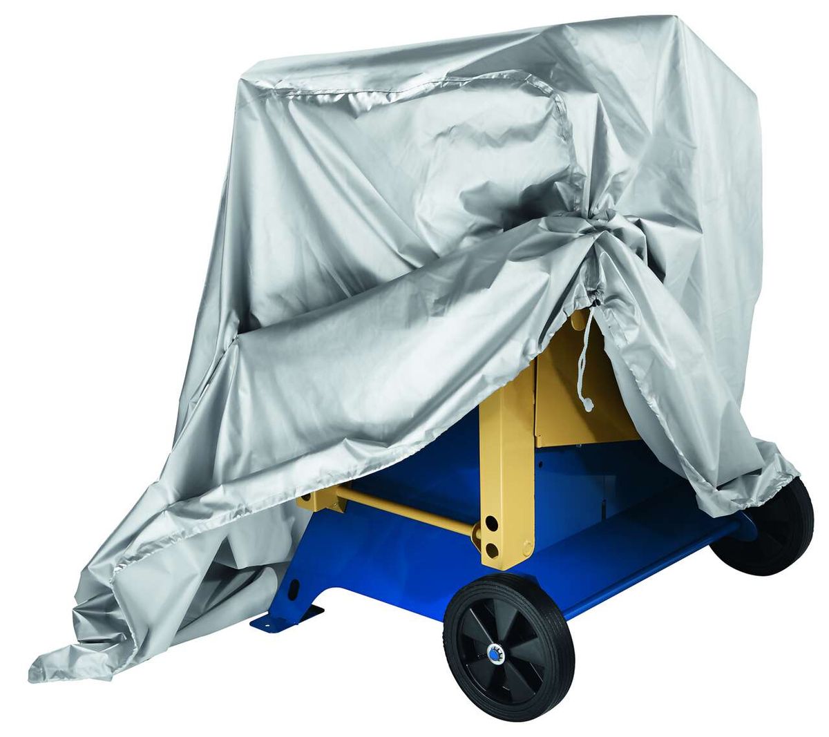 Geräteabdeckhaube von Scheppach, passend für Kurzholzspalter, teilweise geöffnet auf einem blauen Wagen.