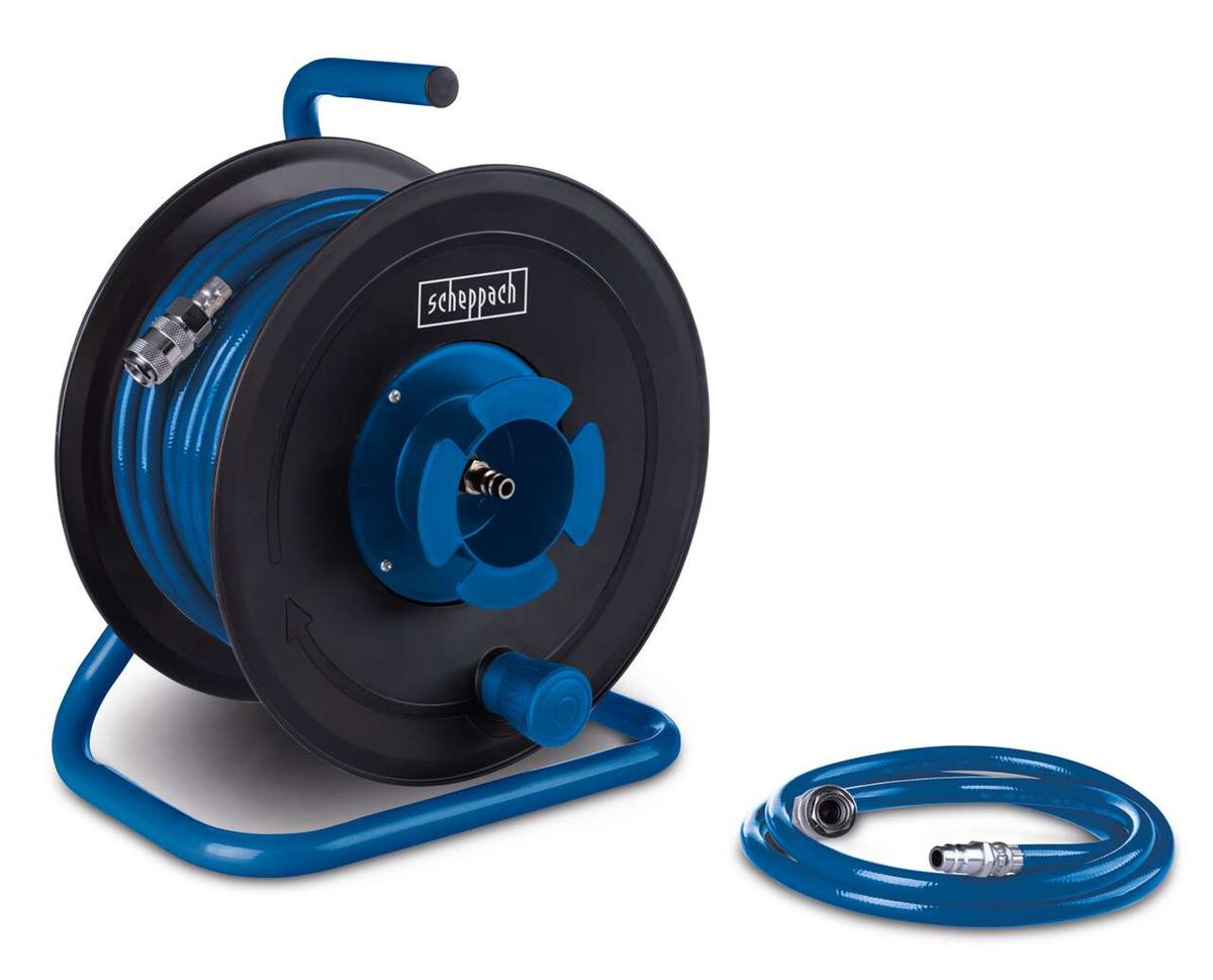 Druckluft-Schlauchtrommel von Scheppach, seitliche Ansicht mit teilweise abgewickelter Schlauchleitung.