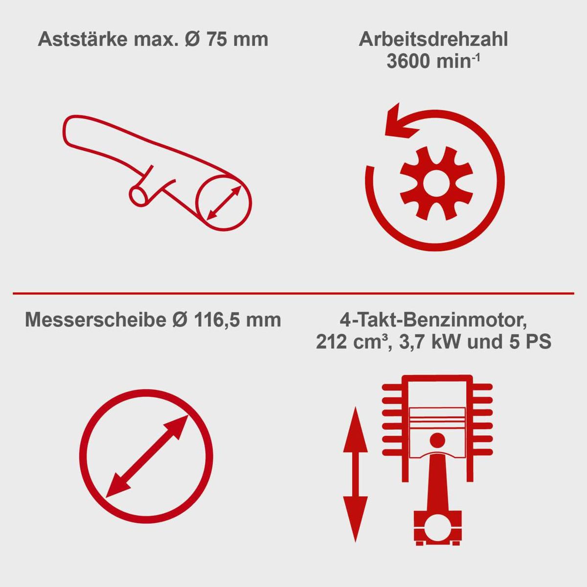 Der Benzin-Messerhäcksler PGS75 hat eine maximale Aststärke von 75 mm, eine Arbeitsdrehzahl von 3600 min⁻¹, eine Messerscheibe mit 116,5 mm Durchmesser und einen 4-Takt-Benzinmotor mit 212 cm³, 3,7 kW und 5 PS.