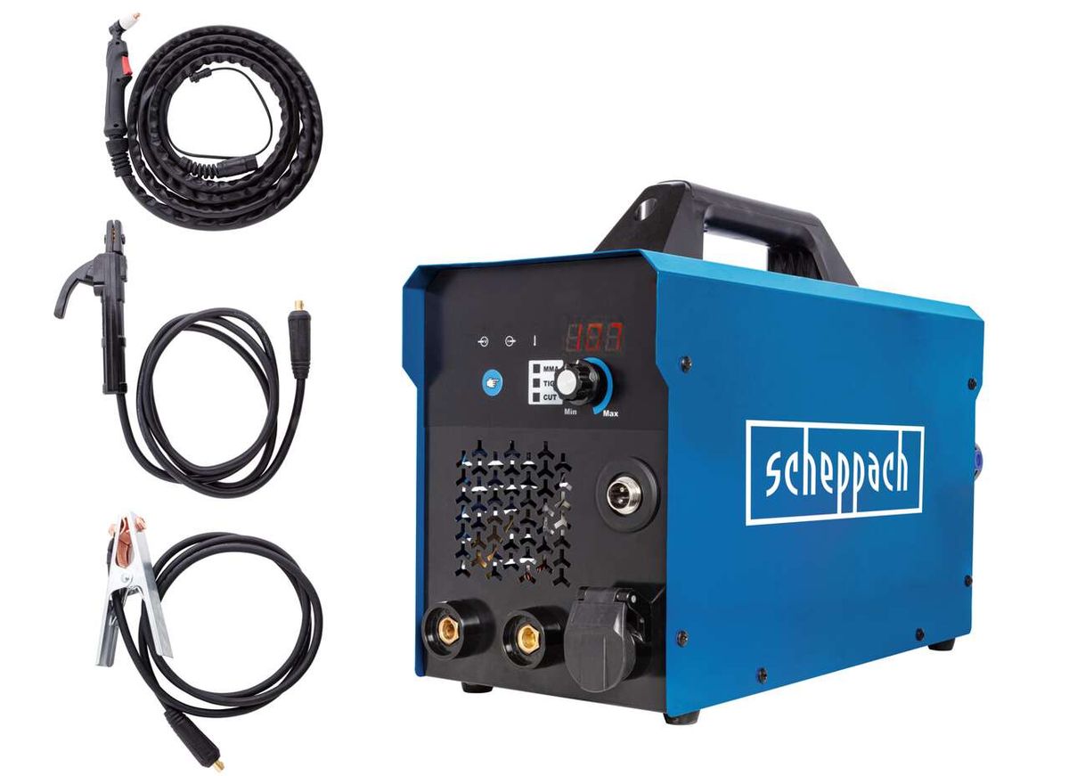 3in1 Kombi-Schweißgerät WSE4000-CUT Scheppach mit Zubehör, gezeigt von vorne.