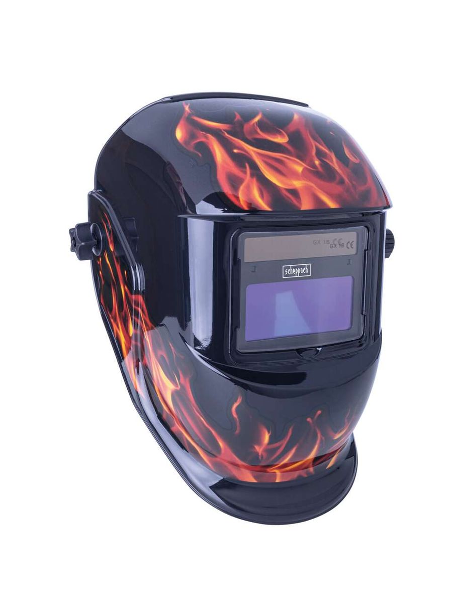 Schweißhelm AWH-500FL von Scheppach mit Flammenmuster, seitliche Ansicht.
