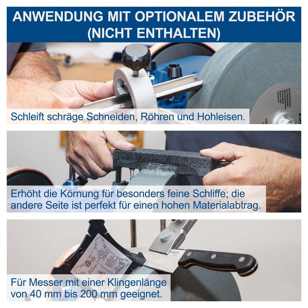 Nassschleifsystem mit verschiedenen Schleifscheiben für präzises Schleifen, Röhren und Hohleisen; spezielle Schleifscheibe für extrem feine Arbeiten und hohen Materialabrieb.