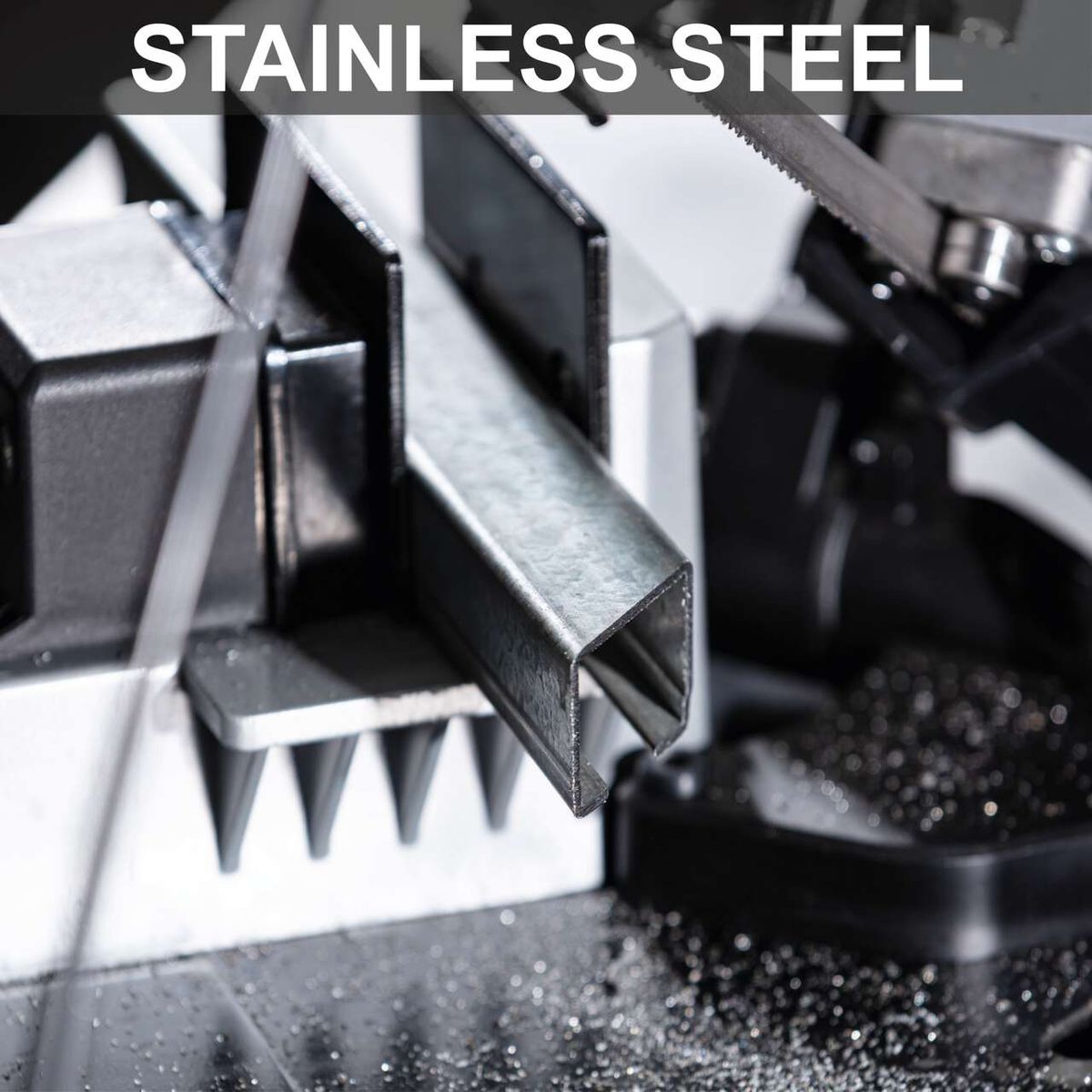 Metal band saw with stainless steel cutting height, worktable, LED lighting, and variable speed