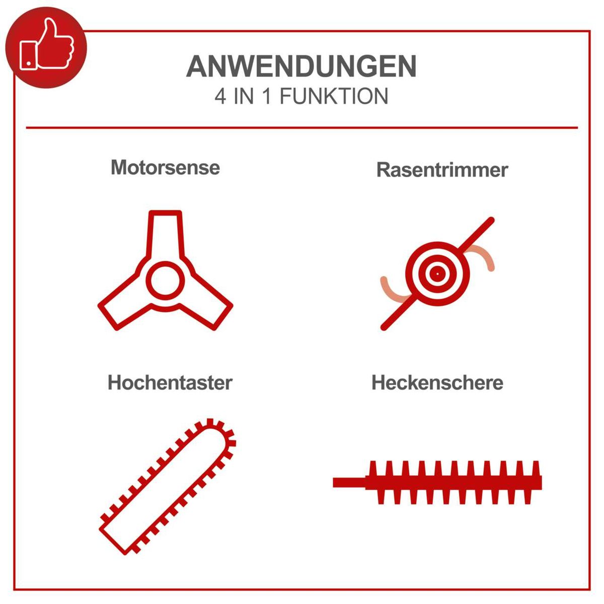 Das Benzin-Multifunktionsgerät MFH5200-4P Scheppach bietet vier Funktionen in einem Gerät: Motorsense, Rasentrimmer, Hochentaster und Heckenschere. Ideal für vielfältige Garteneinsätze.