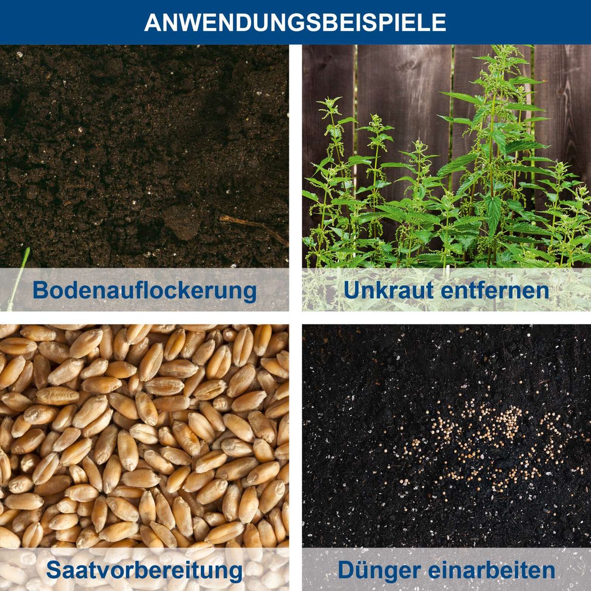 Wichtige Anwendungsbeispiele für Bodenlockerung, Unkrautentfernung, Saatvorbereitung und Dünger einarbeiten bei Gartenarbeitstools