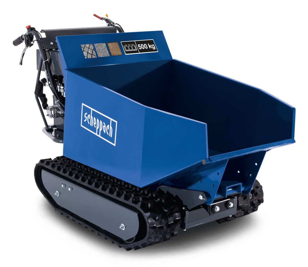 Kettendumper DP5000 Scheppach, Ansicht von hinten. Traglast 500 kg, Kettenantrieb, Hydraulik-Kippbehälter.