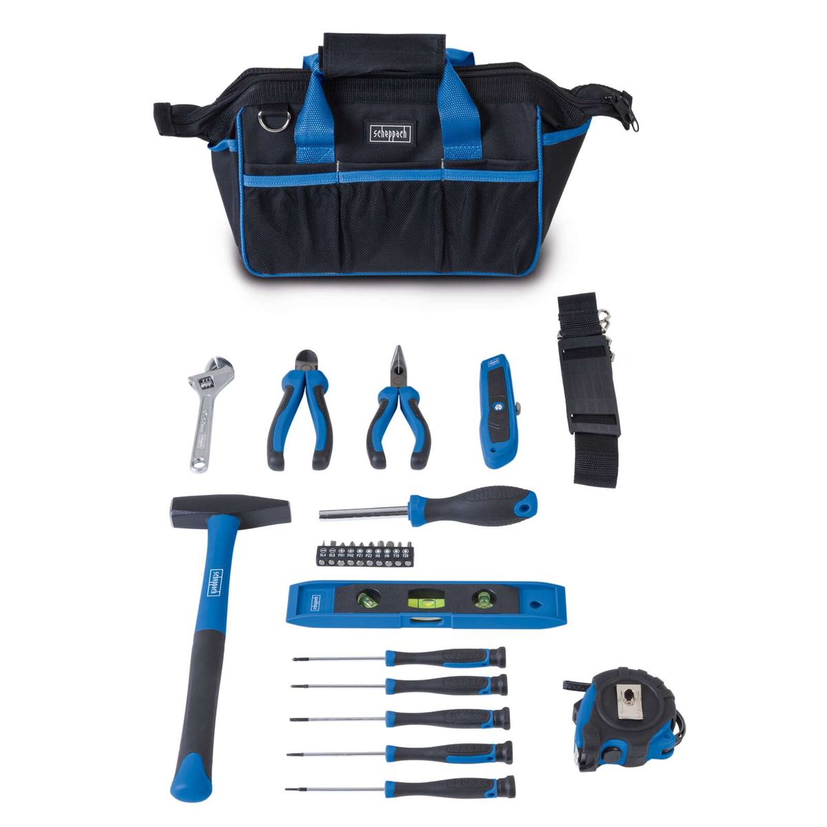 Werkzeugset mit 23 Teilen inkl. Tasche für Scheppach, mit Hammer, Schraubendrehern, Zangen, Schraubenschlüssel und anderen Werkzeugen