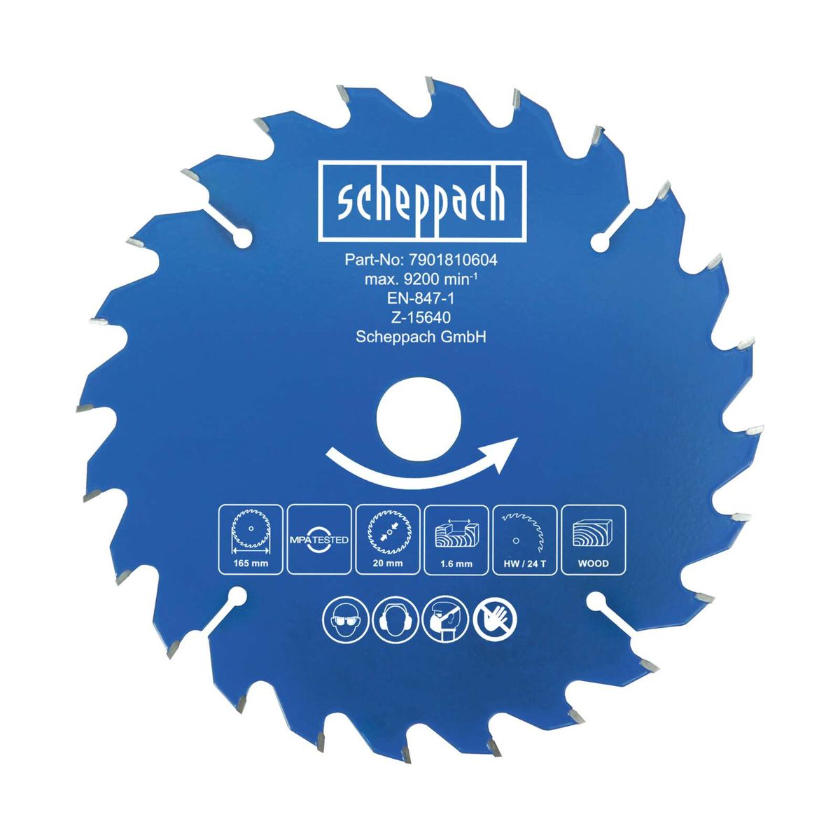 Scheppach-Kreissägeblatt mit Teilenummer 7901810604, max. 9200 U/min, Z 24-Typ