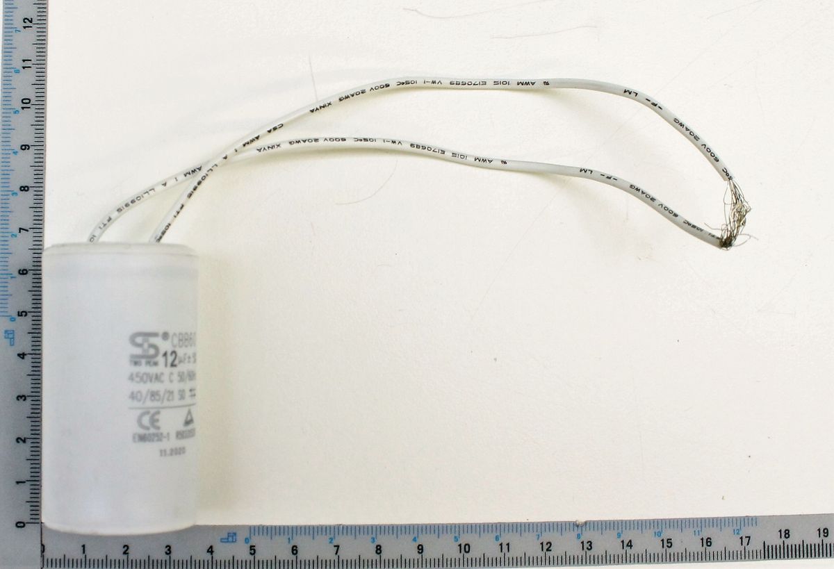 Scheppach-Kondensator (12 µF, 450 V) mit Messskala und Anschlusskabel