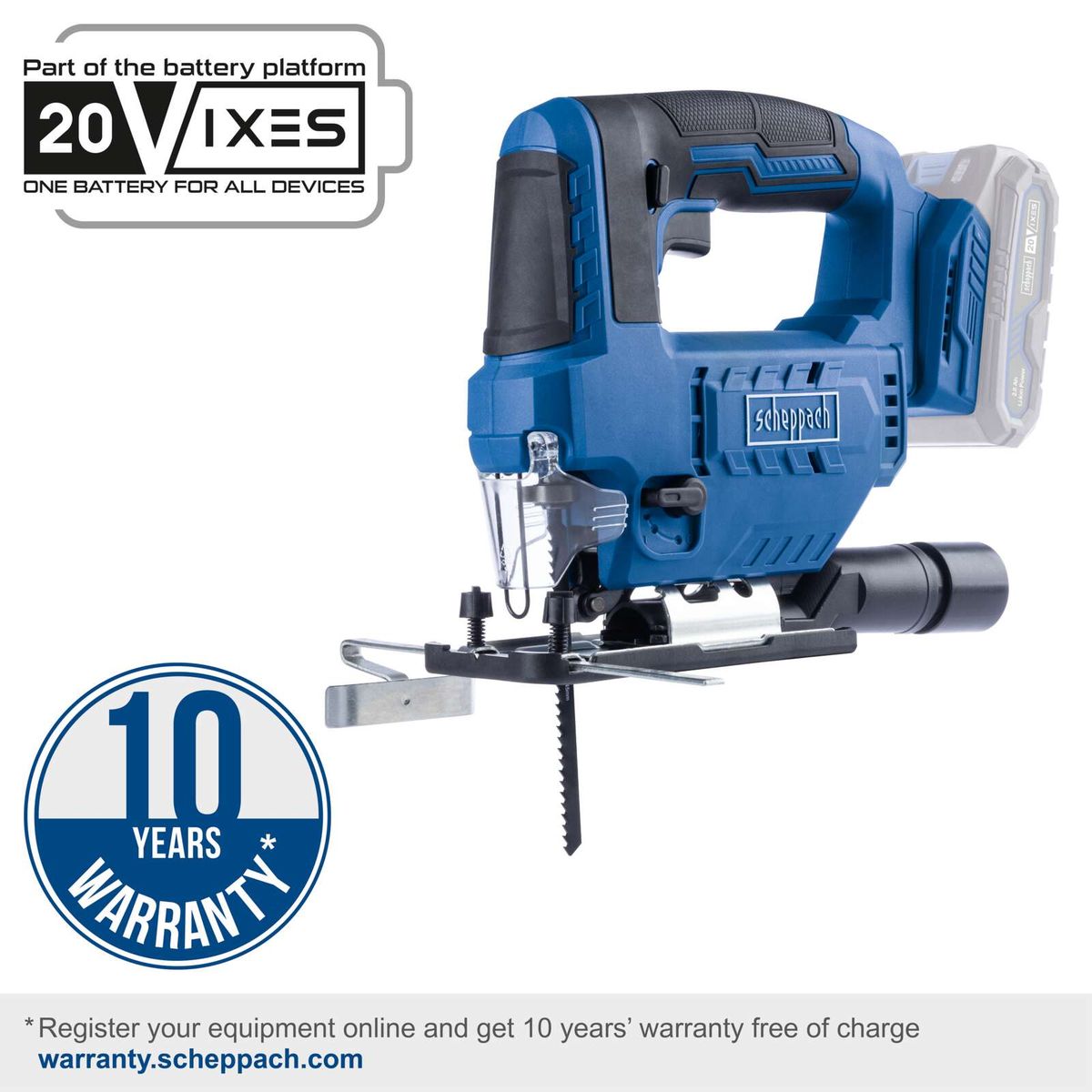 Cordless jigsaw C-JS220-X by Scheppach. Part of the 20V-IXES battery system. 10 years warranty with online registration. Stroke length 19mm, stroke rate 0-2400 min-1, 7 adjustable cutting angles.