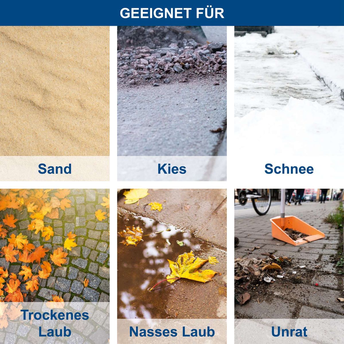 Beschreibung der Materialarten für Straßenreinigung: Sand, Kies, Schnee und deren Auswirkungen auf die Kehrmaschine