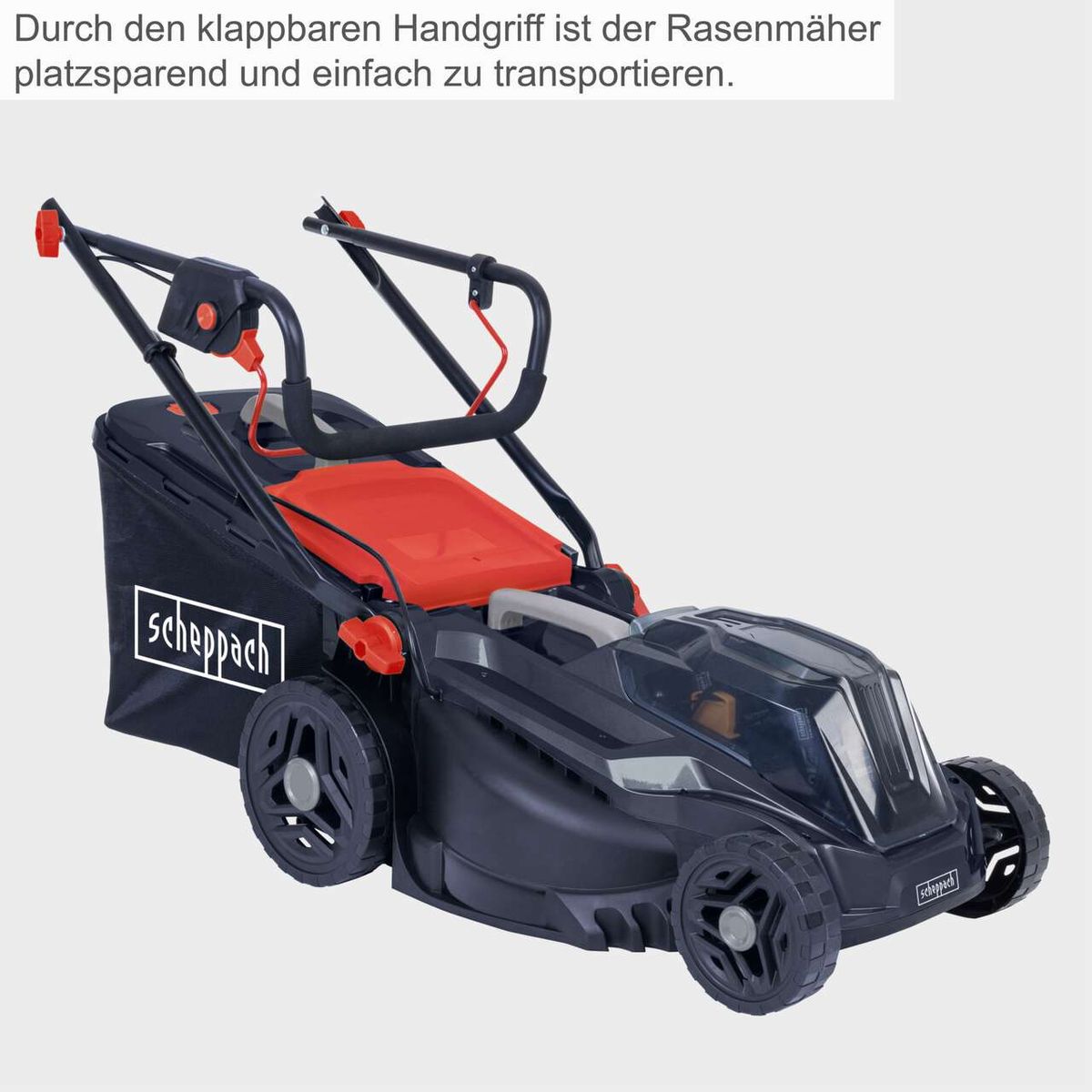 Der Akku-Rasenmäher BMP380-ProS von Scheppach hat einen klappbaren Handgriff für platzsparende Aufbewahrung und einfachen Transport.