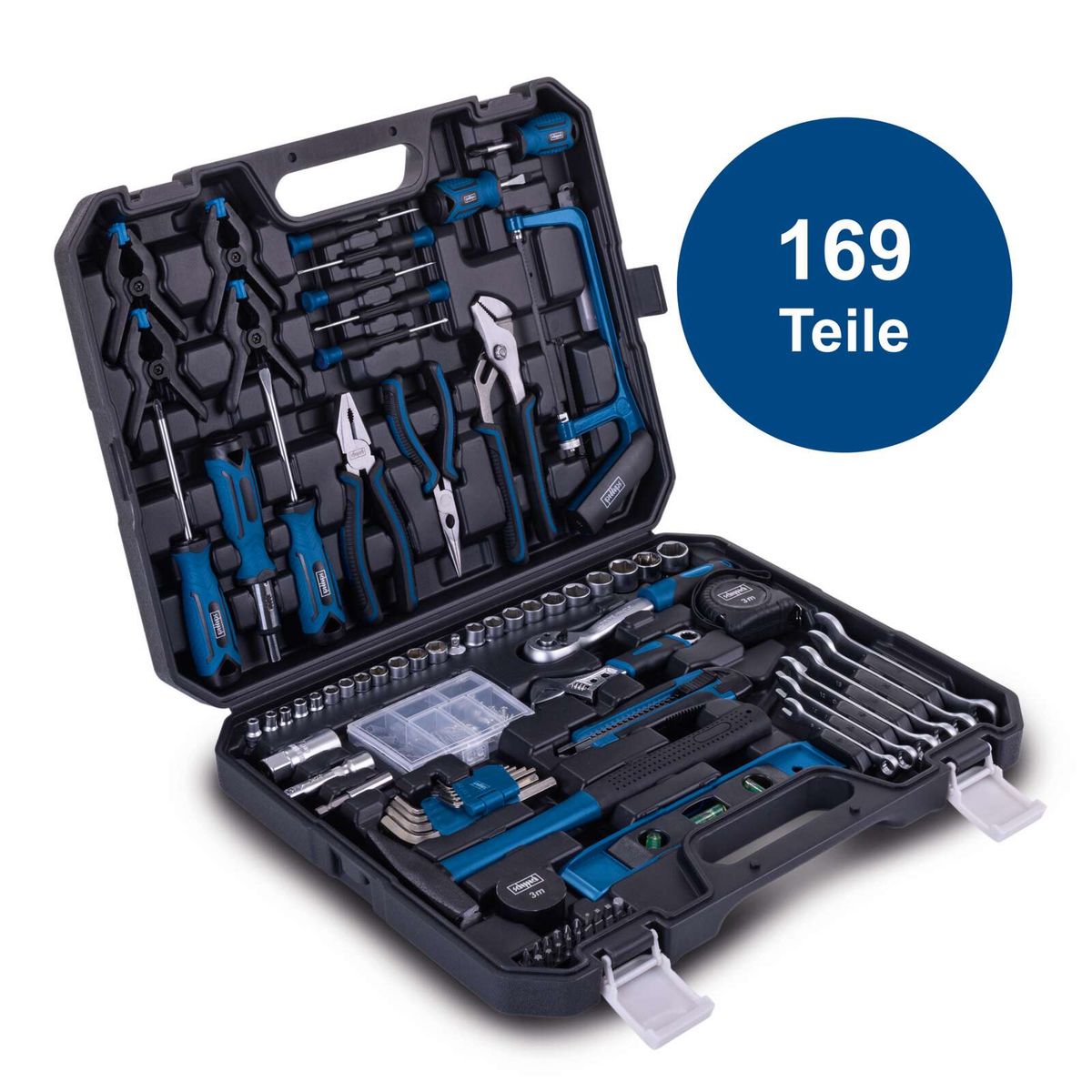 Werkzeugkoffer mit 169 Teilen von Scheppach für DIY-Anwendungen, inkl. Schraubendreher, Zangen und Bohrer.