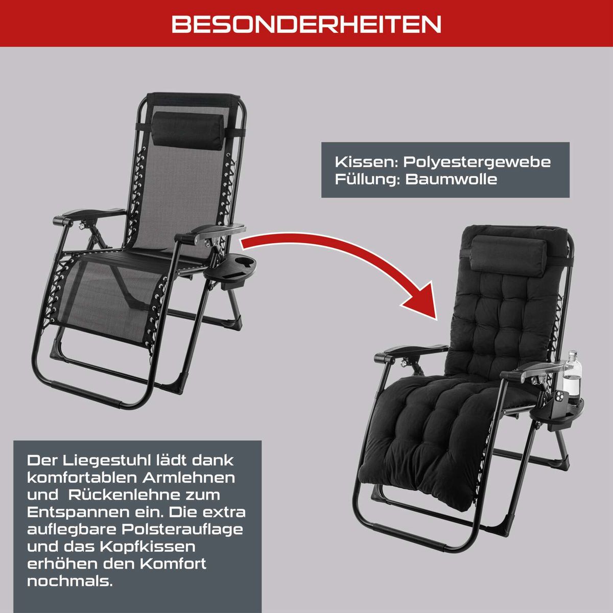Klappbare Gartenliege mit ergonomischen Arm- und Rückenlehnen, Kopfkissen aus Baumwolle und aufklappbarer Polsterauflage für maximalen Komfort.