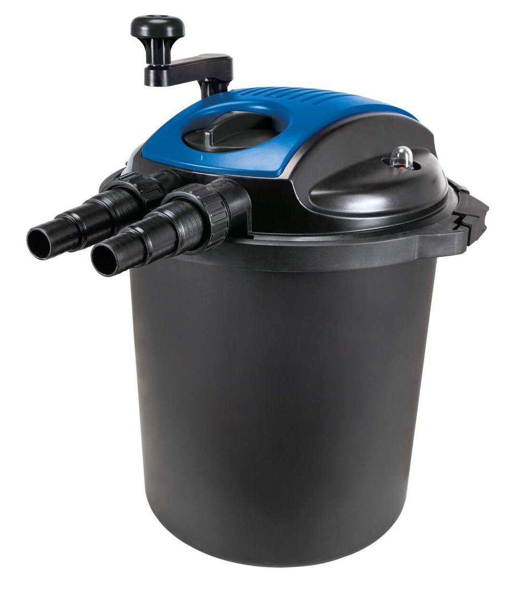 Teichdruckfilter Set PFS20000 von Scheppach, Ansicht von vorne. 4.000L/h Fördermenge, 18W UV-C Lampe, 26L Tank.