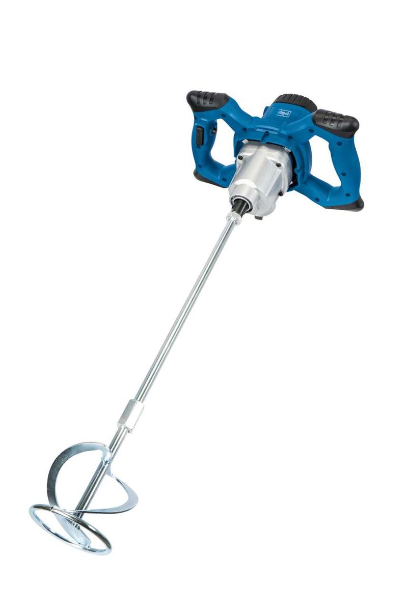 Scheppach PM1400 paddle mixer, front view. Includes mortar and paint mixer.
