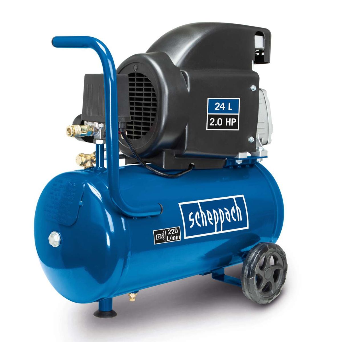 Der Scheppach Kompressor HC26 mit 24L Tank und 2,0 HP Motorleistung. 220L/min Luftdurchsatz.