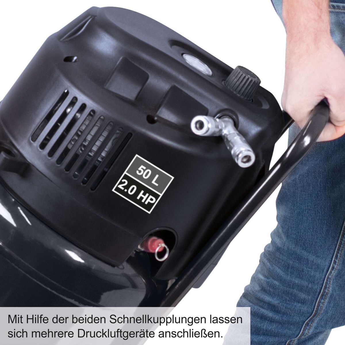 Standkompressor mit 50-Liter-Kessel und 2,0 PS, Schnellkupplungen für mehrere Druckluftgeräte
