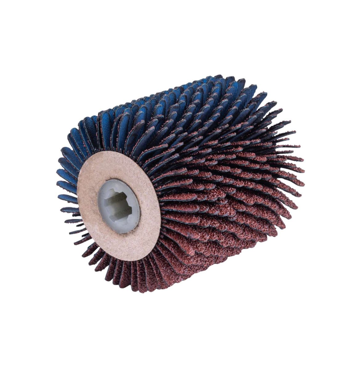 Scheppach Schleifstreifenbürste (DIY) von vorne gezeigt. Bürste mit abwechselnden blauen und braunen Streifen, zentraler weißer Kunststoffring mit Loch.