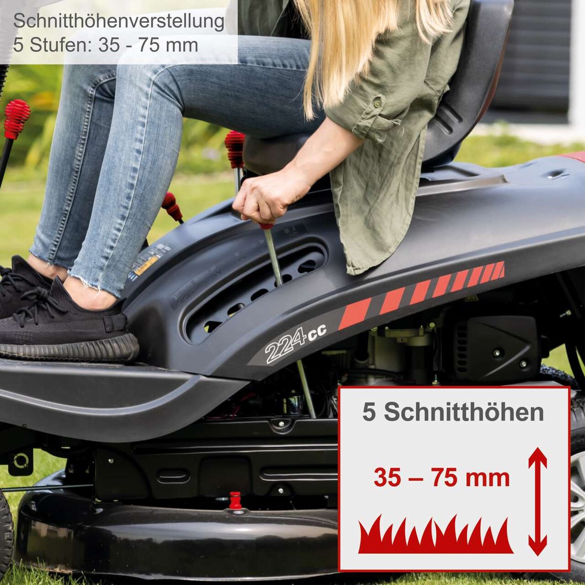 Der Scheppach Aufsitzrasenmäher MR224-61 bietet eine 5-stufige Schnitthöhenverstellung von 35 bis 75 mm.