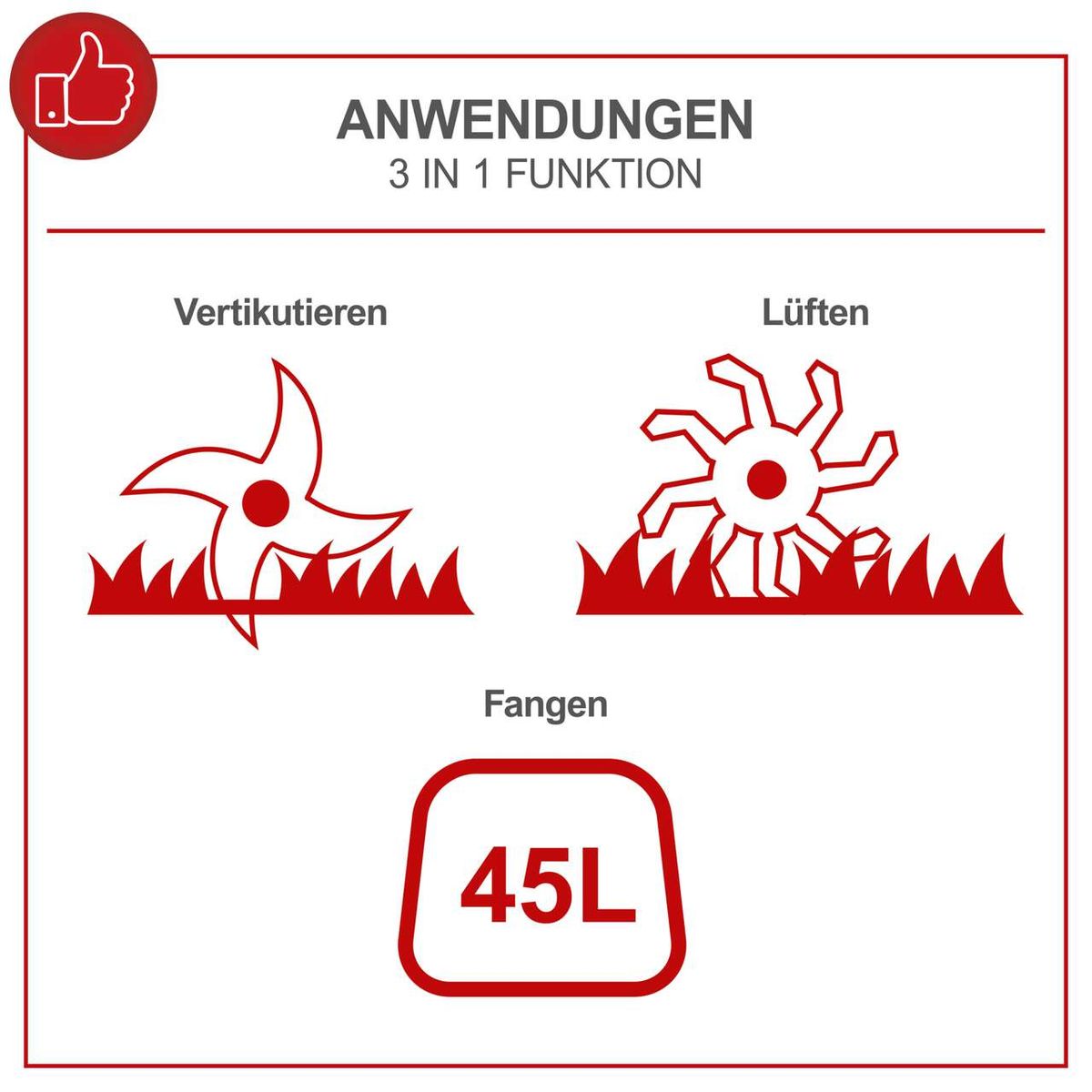 Der Benzin Vertikutierer SC50Vario Scheppach bietet eine 3-in-1-Funktion: Vertikutieren, Lüften und Fangen mit einem Fassungsvermögen von 45 Litern.