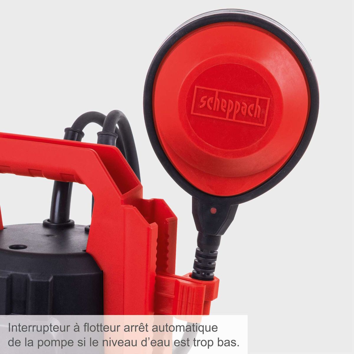 The waste water combination pump DWP400 by Scheppach features an automatic stop float switch that turns off the pump if the water level is too low.