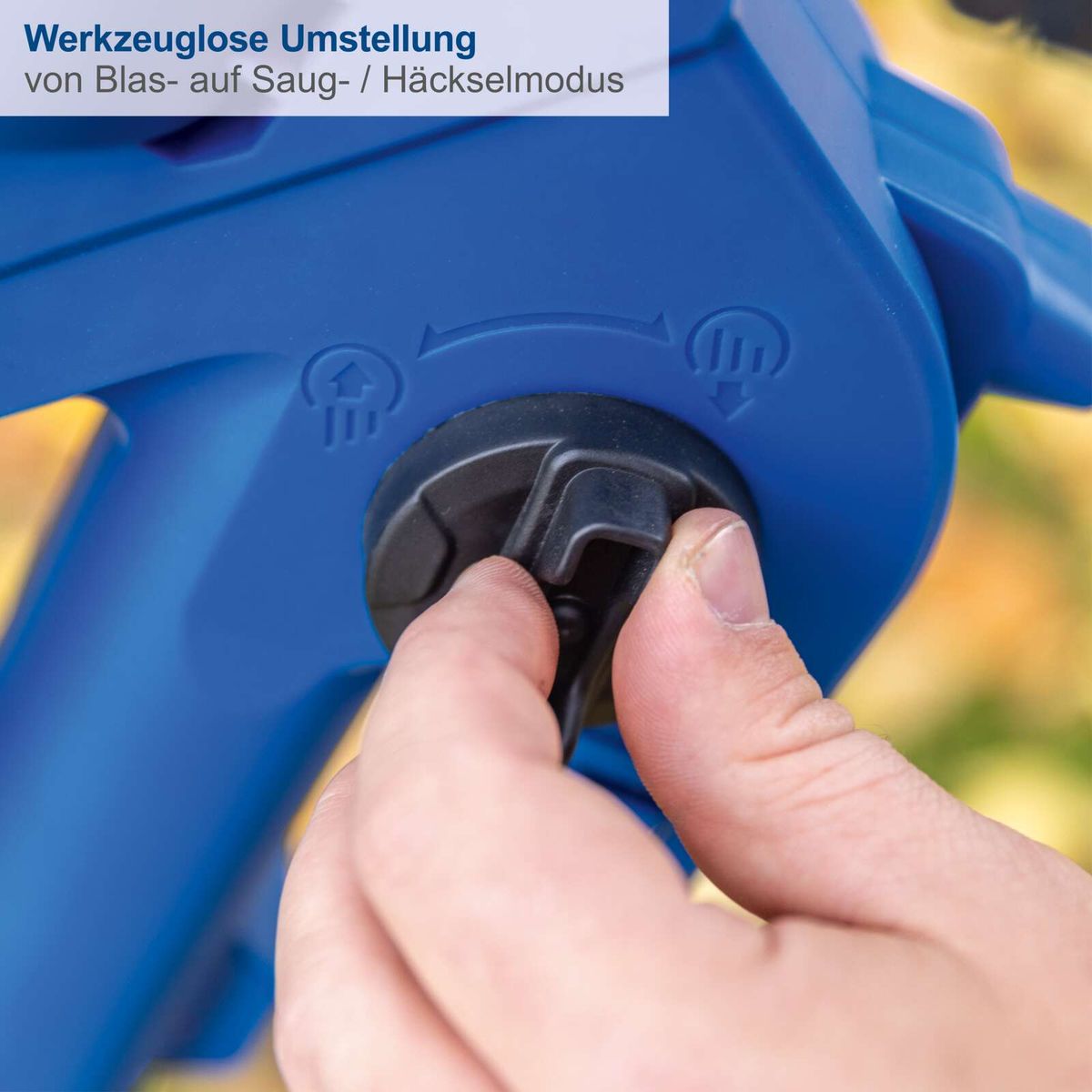 Toolwechsel-freie Umstellung zwischen Blas- und Saugmodus auf Scheppach-Gerät