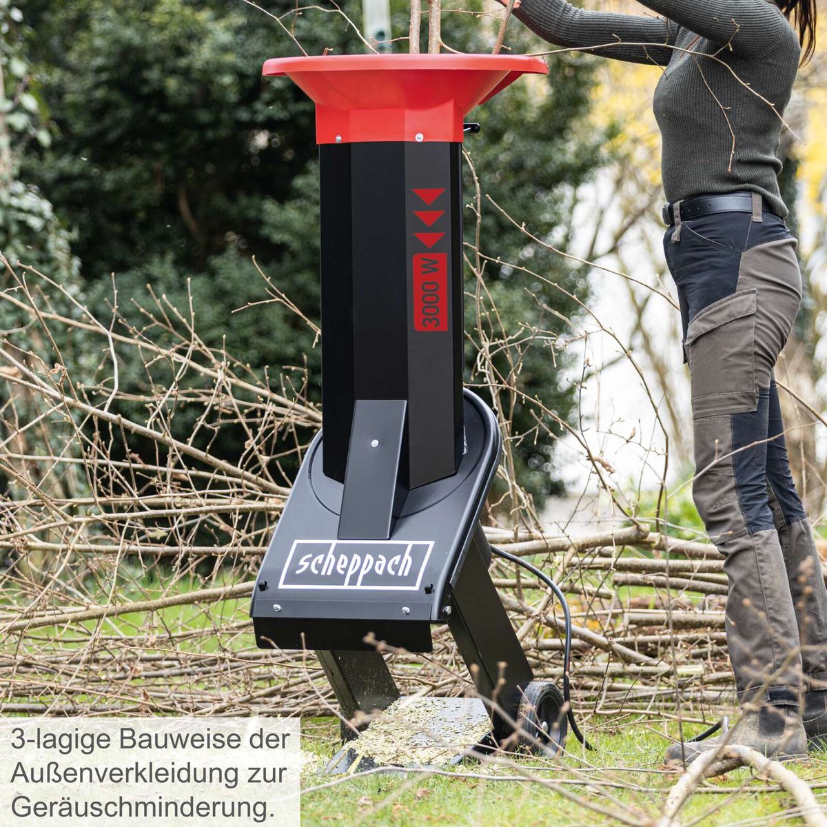 Der Scheppach Häcksler BIOSTAR 3000 verfügt über eine 3-lagige Bauweise der Außenverkleidung zur Geräuschminderung.