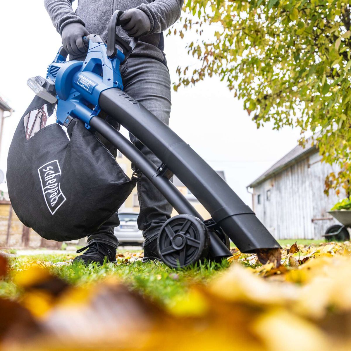 Person beim Einsatz eines Scheppach-Akku-Laubsaugers mit integriertem Bläser, Fokus auf die Handhabung und das Design des Geräts.