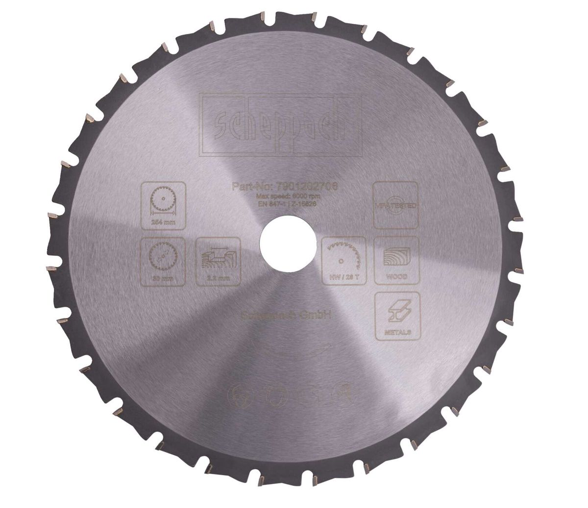 Kreissägeblatt von Scheppach, Part-Nummer 7901202706, max. Drehzahl 8000 U/min, EN 847-1:2028, geprüft, HW/28 T, für Holz und Metall, von vorne fotografiert.