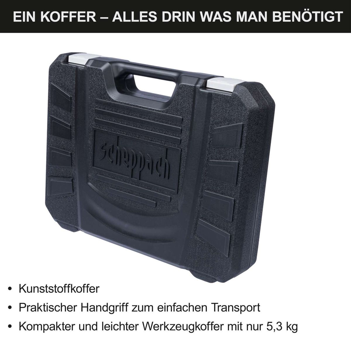 Der Scheppach Werkzeugkoffer WZB120-BE ist aus Kunststoff, hat einen praktischen Handgriff für einfachen Transport und ist mit nur 5,3 kg kompakt und leicht.