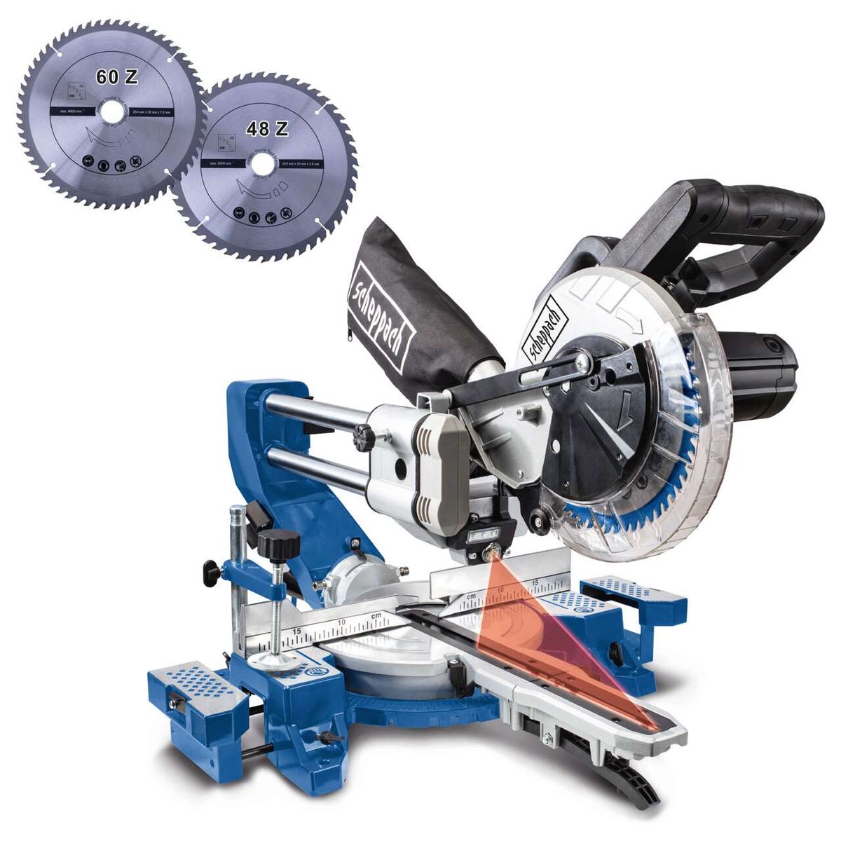 Kapp-, Zug- und Gehrungssäge HM90SL von Scheppach mit zwei Sägeblättern: eines mit 60 Zähnen und eines mit 48 Zähnen. Die Säge arbeitet mit 220-240V 50Hz und hat eine Leistung von 2200W. Die Schneidekapazität beträgt 216mm.