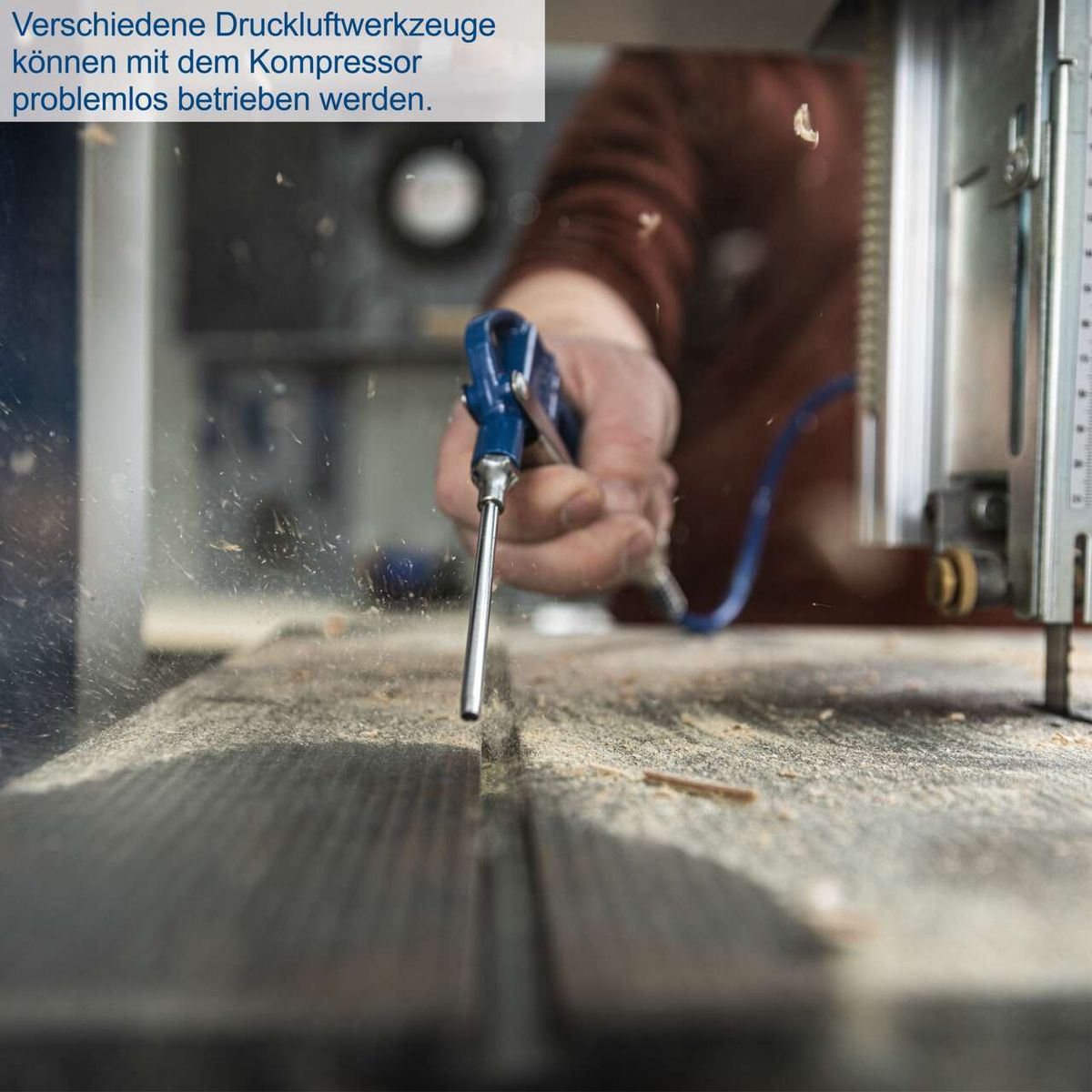 Verschiedene Druckluftwerkzeuge können mit dem Kompressor problemlos betrieben werden. Der Kompressor ist ölfrei, wartungsarm und hat eine Leistung von 8 bar, 24 Liter und 180 Liter pro Minute.