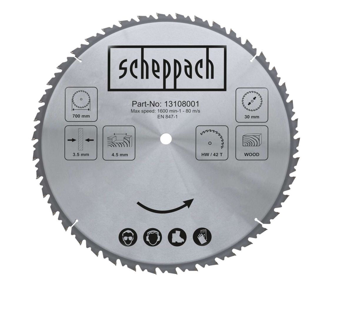 Scheppach HW Kreissägeblatt mit 700 mm Durchmesser, 30 mm Bohrung, 4,5 mm Zahnhöhe und 42 Zähnen. Artikelnummer 13108001, Maximalgeschwindigkeit 1600 min-1 - 80 m/s, EN 847-1. Das Produkt ist von vorne gezeigt.